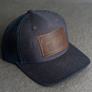 LIMITED EDITION - Navy Color YOUTH Trucker Style Hat with Leather Patch - 20 Stamp Design Options