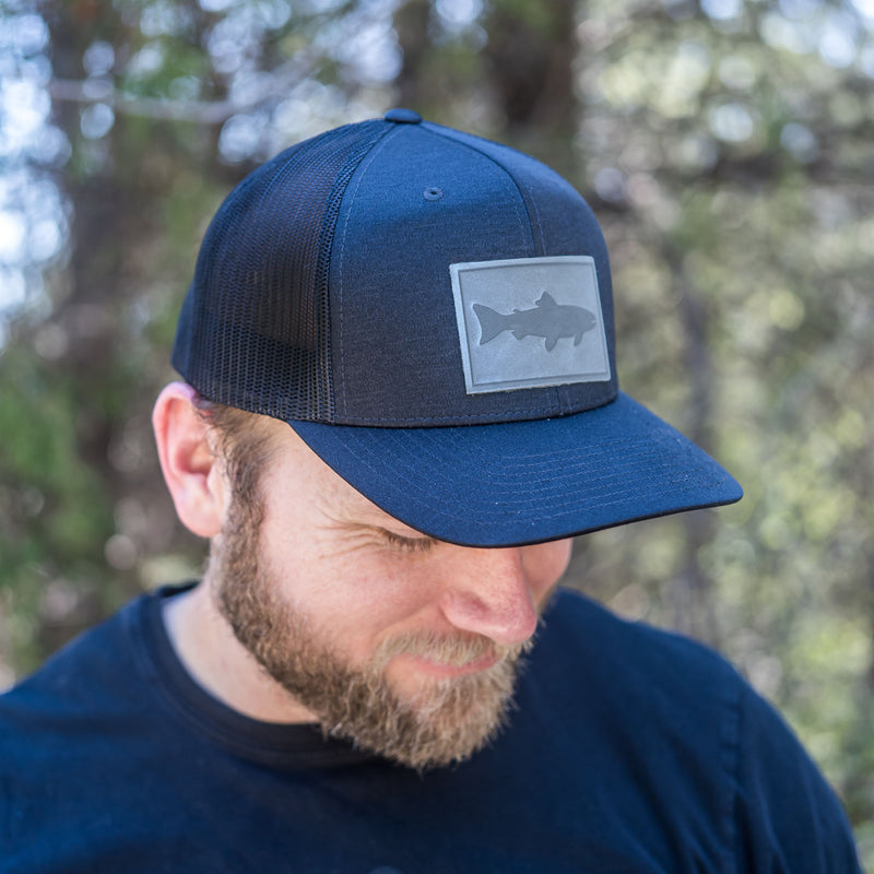 Leather Patch Trucker Style Hat - Fish Stamp Charcoal / Cafe / Fish