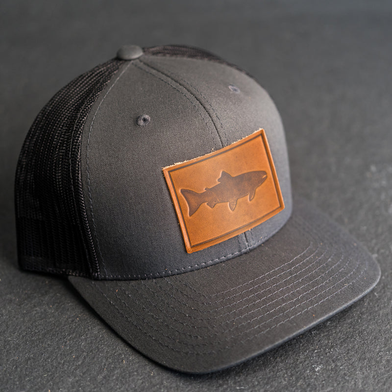 Leather Patch Trucker Style Hat - Fish Stamp Charcoal / Natural / Fish