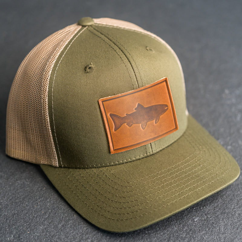 Leather Patch Trucker Style Hat - Fish Stamp green/khaki / Nut Brown / Fish