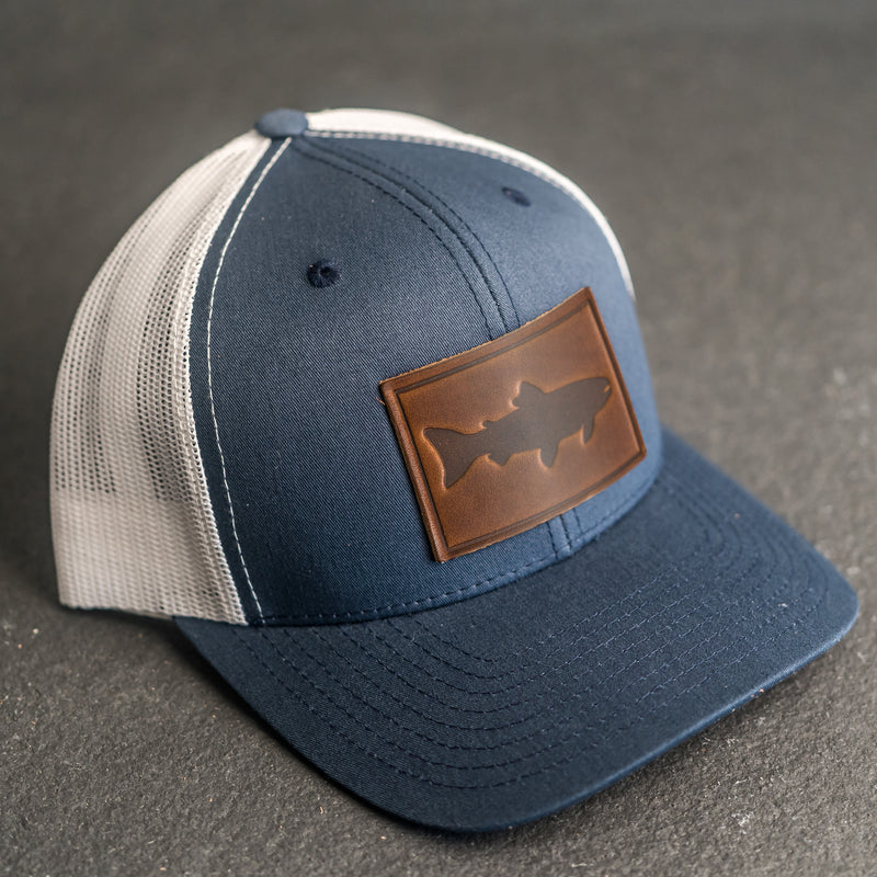 Leather Patch Trucker Style Hat - Fish Stamp Navy/White / Natural / Fish