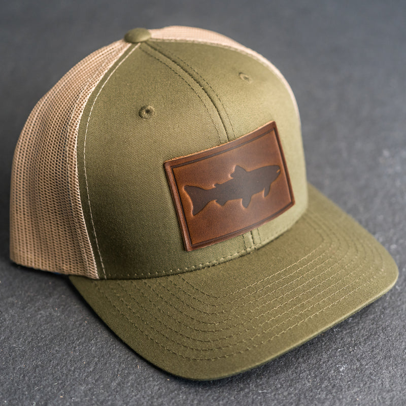 Leather Patch Trucker Style Hat - Fish Stamp green/khaki / Cafe / Fish