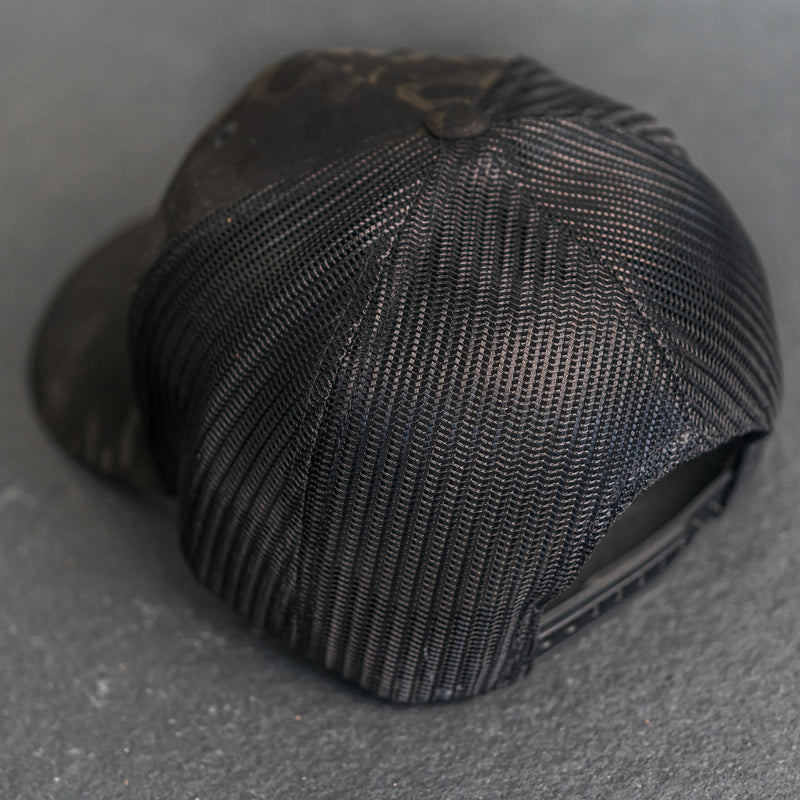 Leather Patch Trucker Style Hats - Black Multicam w/Black Leather Patch - American Flag