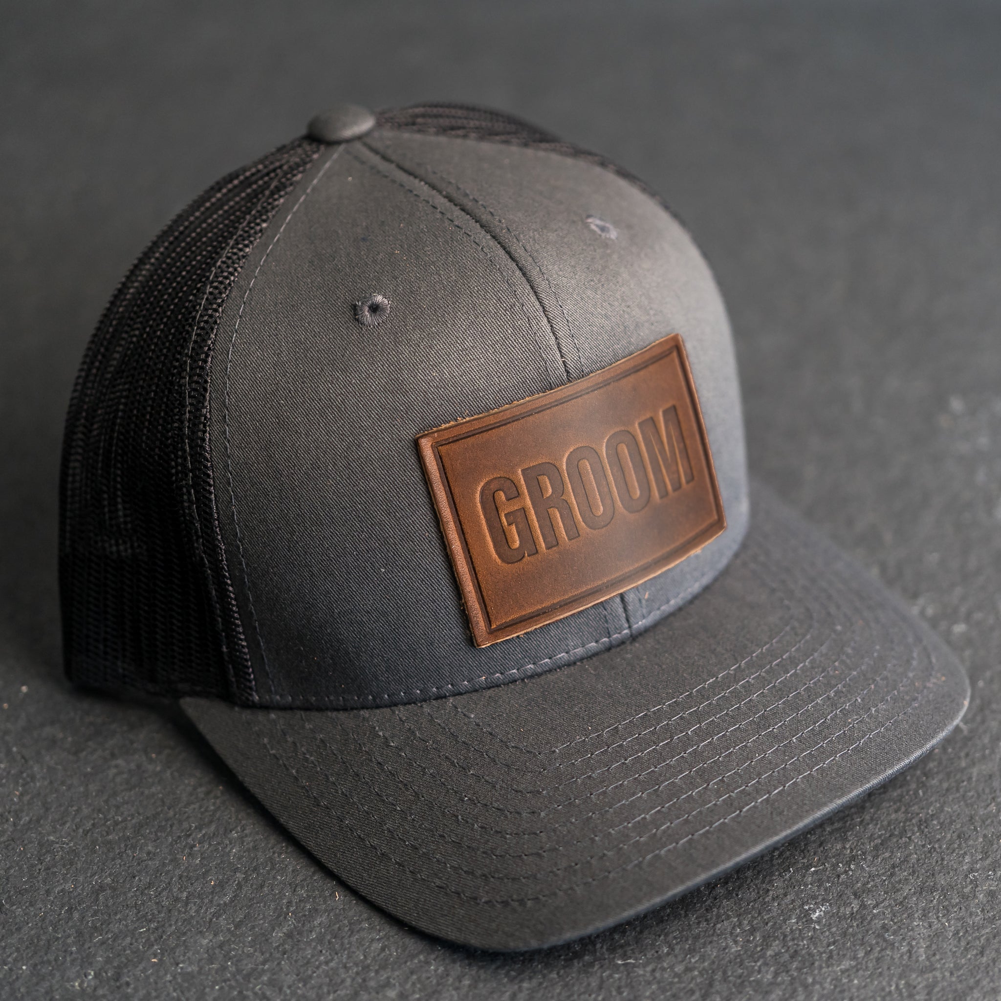 Leather Patch Trucker Style Hats - Bride and Groom (block)