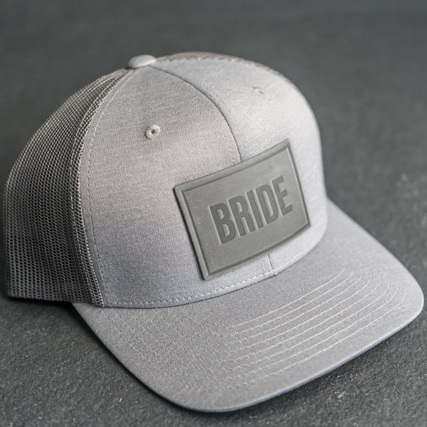 Leather Patch Performance Style Trucker Hat - Bride and Groom Stamp (block)