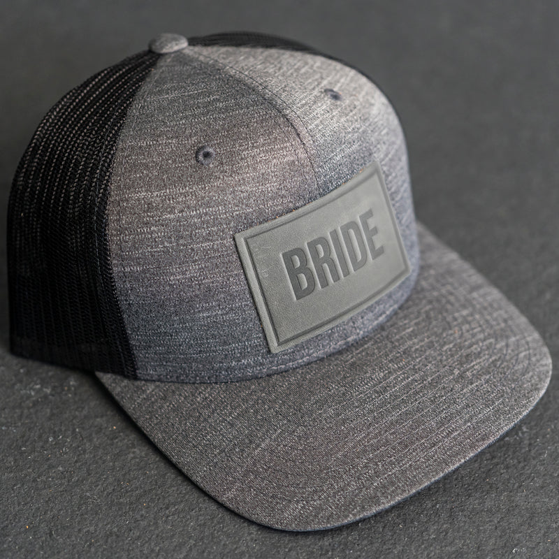 Leather Patch Performance Style Trucker Hat - Bride and Groom Stamp (block)