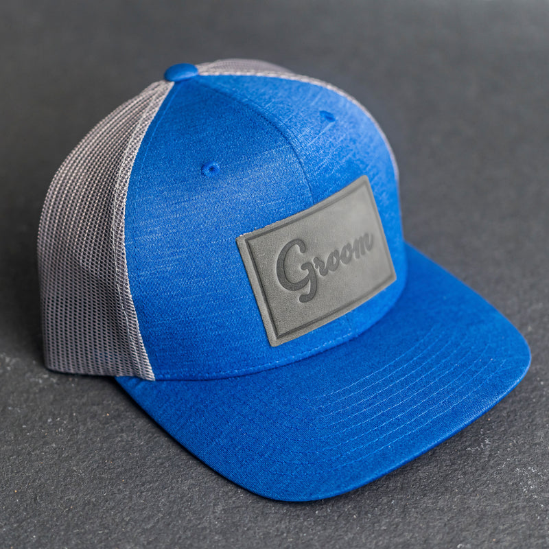 Leather Patch Performance Style Trucker Hat - Bride and Groom Stamp (cursive)