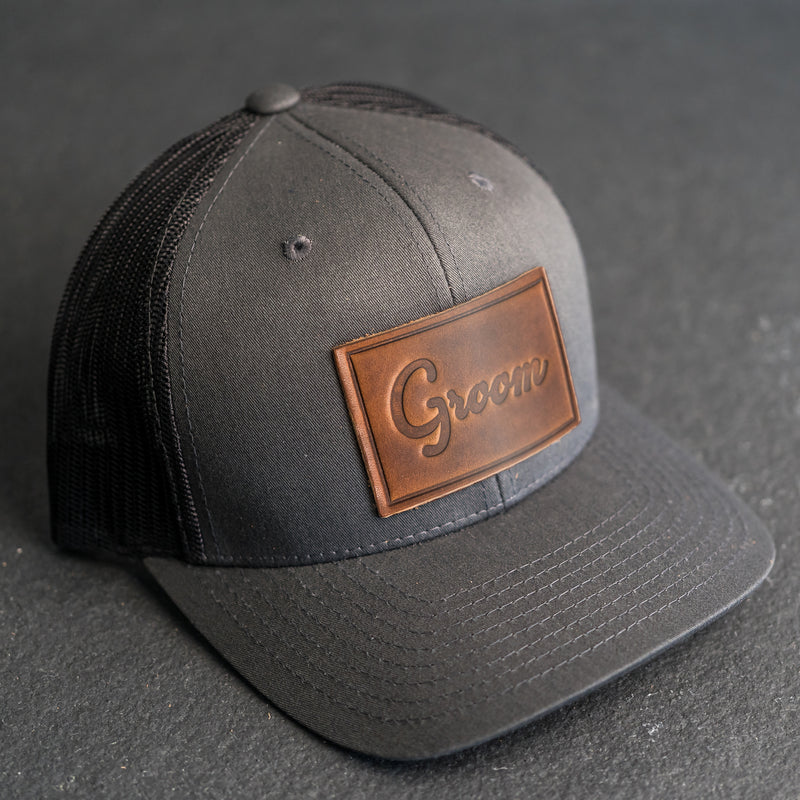 Leather Patch Trucker Style Hats - Bride and Groom (cursive)