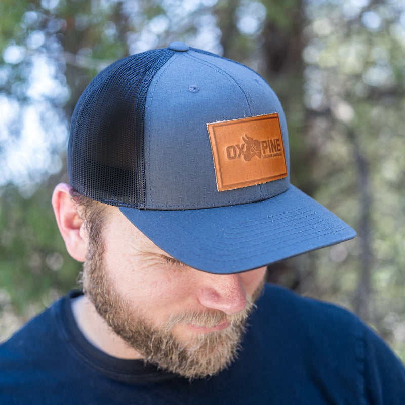 Leather Patch Trucker Style Hat - Ox & Pine Logo