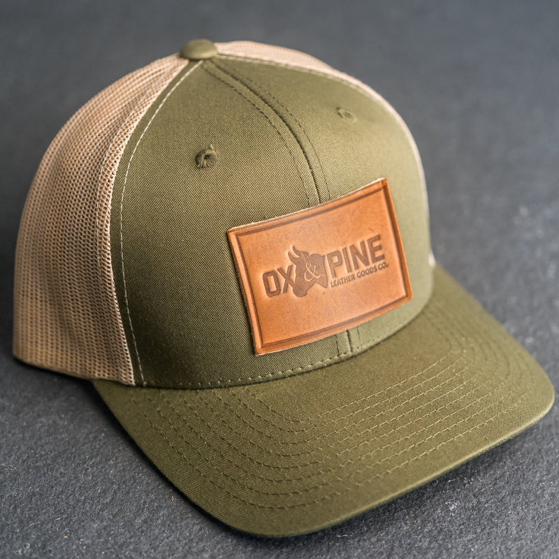 Leather Patch Trucker Style Hat - Ox & Pine Logo