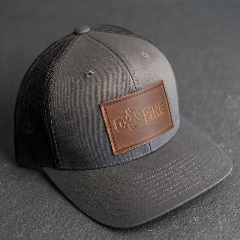 Leather Patch Trucker Style Hat - Ox & Pine Logo