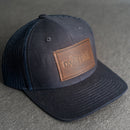 LIMITED EDITION - Navy Color YOUTH Trucker Style Hat with Leather Patch - 20 Stamp Design Options
