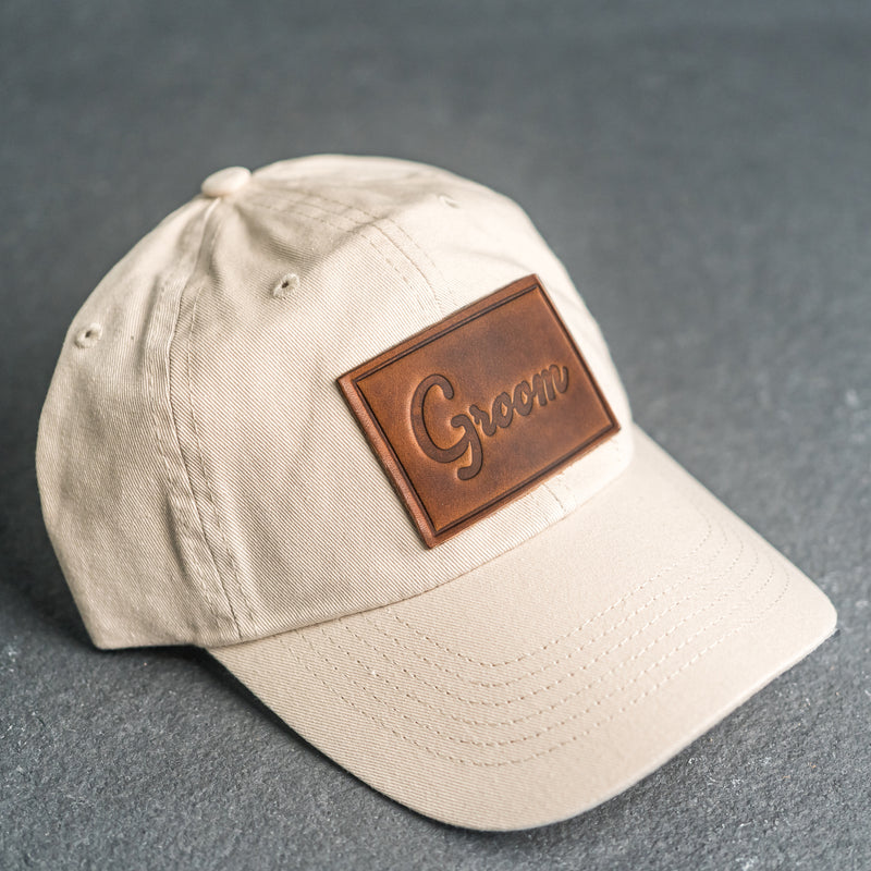Leather Patch Unstructured Style Hat - Bride and Groom Stamp (cursive)