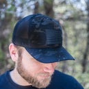 Leather Patch Trucker Style Hats - Black Multicam w/Black Leather Patch - American Flag