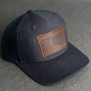 LIMITED EDITION - Navy Color YOUTH Trucker Style Hat with Leather Patch - 20 Stamp Design Options