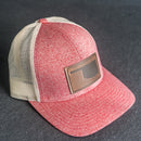LIMITED EDITION - Red Heather/Birch Color LOW PROFILE Trucker Style Hat with Leather Patch - 30+ Stamp Design Options