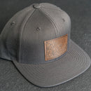 LIMITED EDITION - FLAT BILL Style Hat with Leather Patch - Dark Gray Hat - 30+ Stamp Design Options