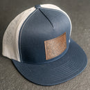 LIMITED EDITION - FLAT BILL Trucker Style Hat with Leather Patch - Navy/White Hat - 30+ Stamp Design Options