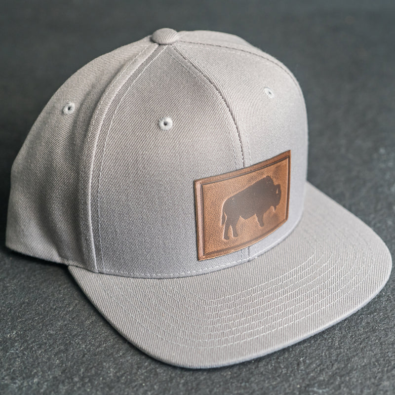 LIMITED EDITION - FLAT BILL Style Hat with Leather Patch - Silver Hat - 30+ Stamp Design Options