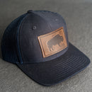 LIMITED EDITION - Navy Color YOUTH Trucker Style Hat with Leather Patch - 20 Stamp Design Options