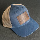 Leather Patch Ponytail Style Hat - Mountain Range Stamp