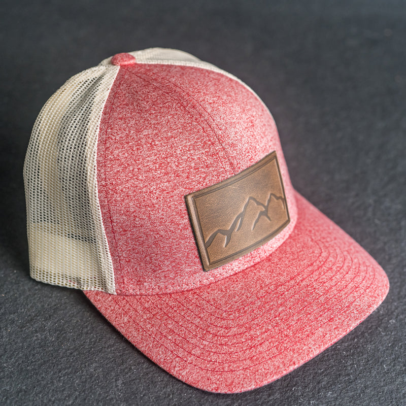 LIMITED EDITION - Red Heather/Birch Color LOW PROFILE Trucker Style Hat with Leather Patch - 30+ Stamp Design Options