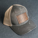 Leather Patch Ponytail Style Hat - Mountain Range Stamp