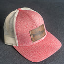 LIMITED EDITION - Red Heather/Birch Color LOW PROFILE Trucker Style Hat with Leather Patch - 30+ Stamp Design Options