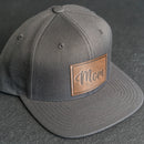 LIMITED EDITION - FLAT BILL Style Hat with Leather Patch - Dark Gray Hat - 30+ Stamp Design Options