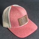 LIMITED EDITION - Red Heather/Birch Color LOW PROFILE Trucker Style Hat with Leather Patch - 30+ Stamp Design Options
