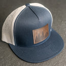 LIMITED EDITION - FLAT BILL Trucker Style Hat with Leather Patch - Navy/White Hat - 30+ Stamp Design Options
