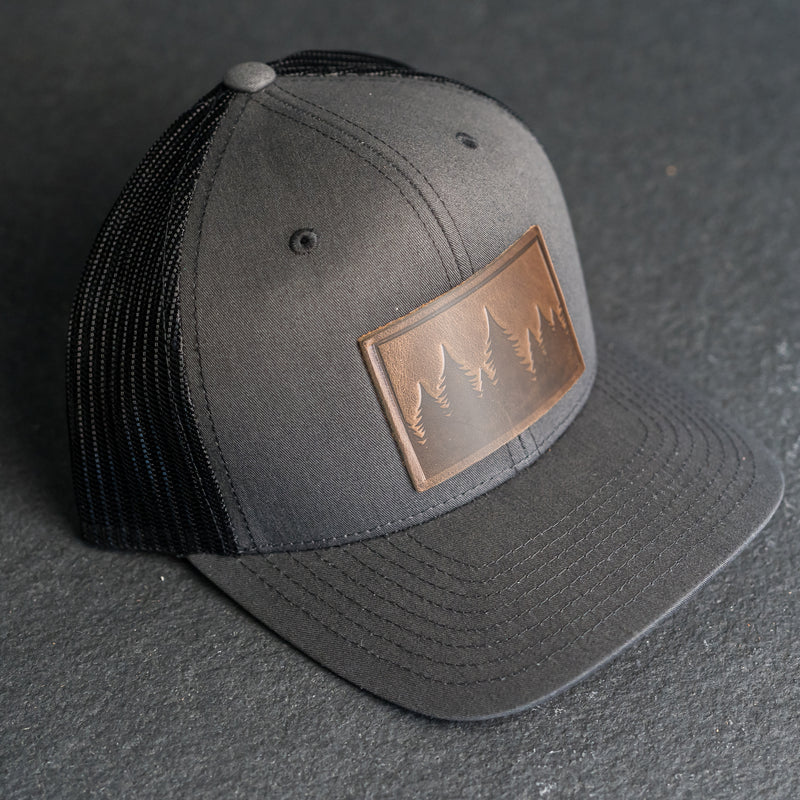 Leather Patch Trucker Style Hat - Pine Tree Ridgeline Stamp