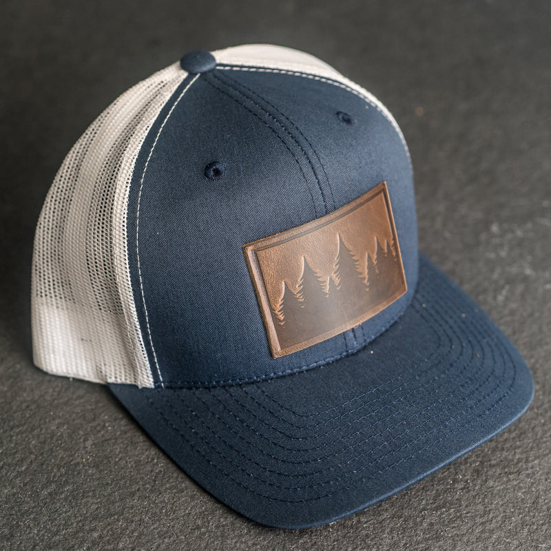 Leather Patch Trucker Style Hat - Pine Tree Ridgeline Stamp