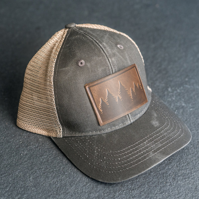 Leather Patch Ponytail Style Hat - Pine Tree Ridgeline Stamp