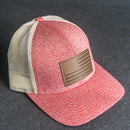 LIMITED EDITION - Red Heather/Birch Color LOW PROFILE Trucker Style Hat with Leather Patch - 30+ Stamp Design Options