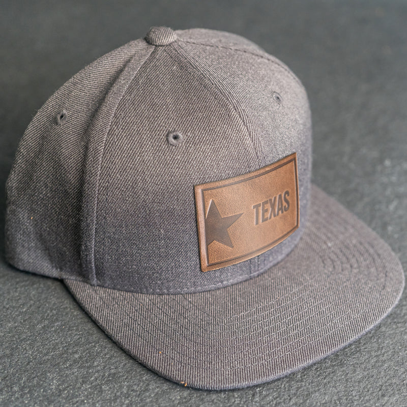 LIMITED EDITION - FLAT BILL Style Hat with Leather Patch - Dark Heather Hat - 30+ Stamp Design Options