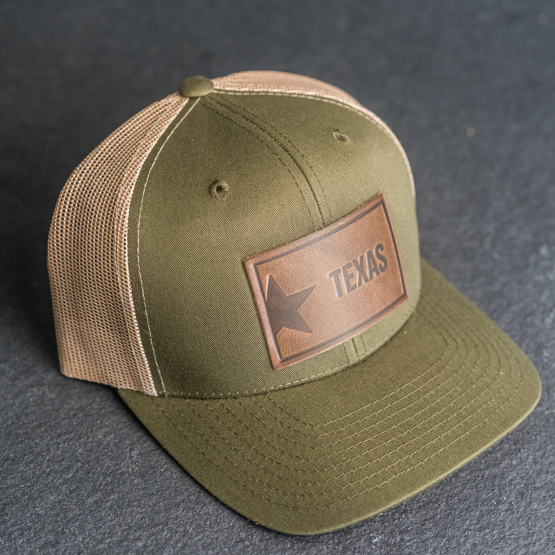 Leather Patch Trucker Style Hat - Texas License Plate Stamp