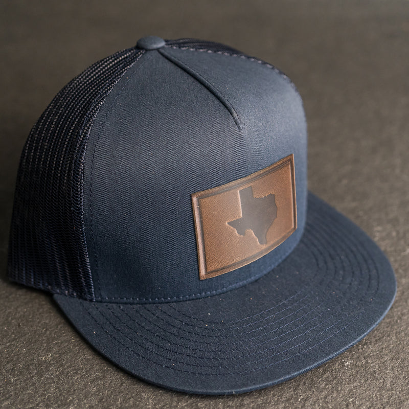 LIMITED EDITION - FLAT BILL Trucker Style Hat with Leather Patch - Navy Hat - 30+ Stamp Design Options