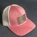 LIMITED EDITION - Red Heather/Birch Color LOW PROFILE Trucker Style Hat with Leather Patch - 30+ Stamp Design Options