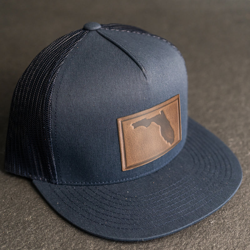 LIMITED EDITION - FLAT BILL Trucker Style Hat with Leather Patch - Navy Hat - 30+ Stamp Design Options
