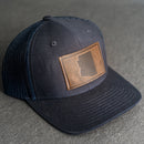LIMITED EDITION - Navy Color YOUTH Trucker Style Hat with Leather Patch - 20 Stamp Design Options