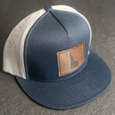 LIMITED EDITION - FLAT BILL Trucker Style Hat with Leather Patch - Navy/White Hat - 30+ Stamp Design Options