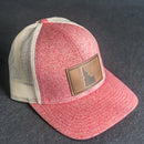 LIMITED EDITION - Red Heather/Birch Color LOW PROFILE Trucker Style Hat with Leather Patch - 30+ Stamp Design Options