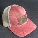 LIMITED EDITION - Red Heather/Birch Color LOW PROFILE Trucker Style Hat with Leather Patch - 30+ Stamp Design Options
