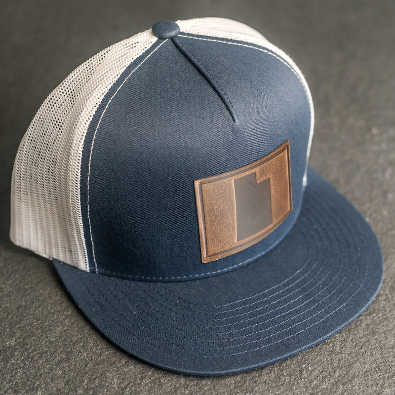 LIMITED EDITION - FLAT BILL Trucker Style Hat with Leather Patch - Navy/White Hat - 30+ Stamp Design Options