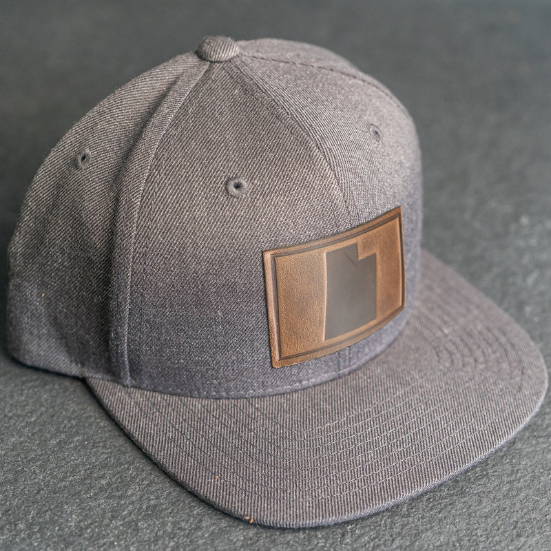 LIMITED EDITION - FLAT BILL Style Hat with Leather Patch - Dark Heather Hat - 30+ Stamp Design Options