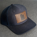 LIMITED EDITION - Navy Color YOUTH Trucker Style Hat with Leather Patch - 20 Stamp Design Options
