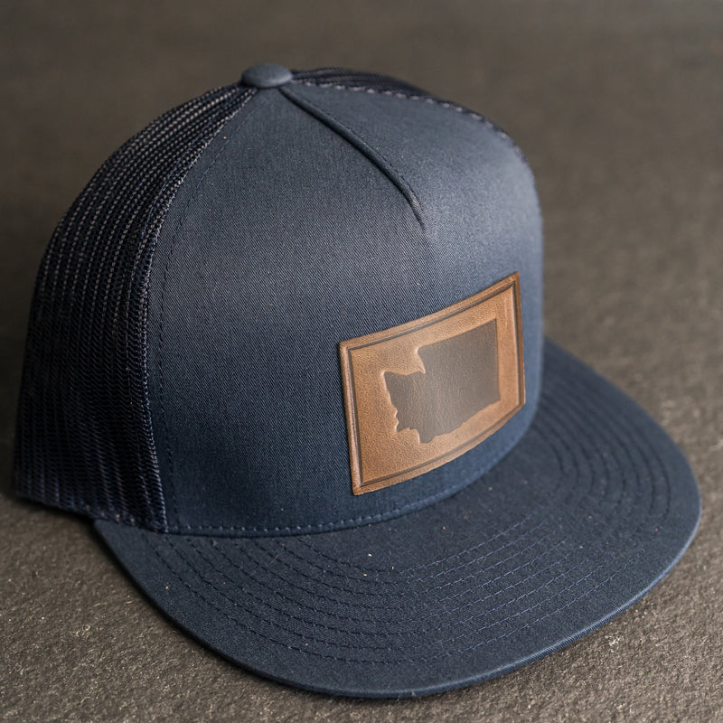 LIMITED EDITION - FLAT BILL Trucker Style Hat with Leather Patch - Navy Hat - 30+ Stamp Design Options