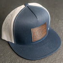 LIMITED EDITION - FLAT BILL Trucker Style Hat with Leather Patch - Navy/White Hat - 30+ Stamp Design Options