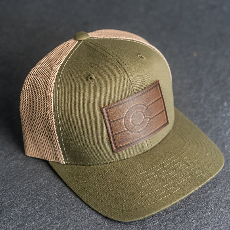 Leather Patch Trucker Style Hat - Colorado Flag Stamp